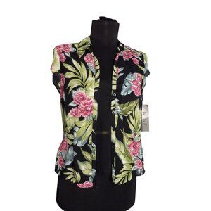 Nine & Company 2P Petite Blouse Cami Floral Button Front Sheer Black Pink NEW